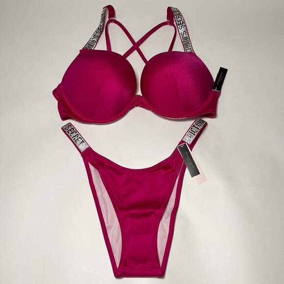Victoria's Secret Other - Victoria Secret 32B XS Bombshell Push Up Top Bikini Set LOGO Shine Strap Rose